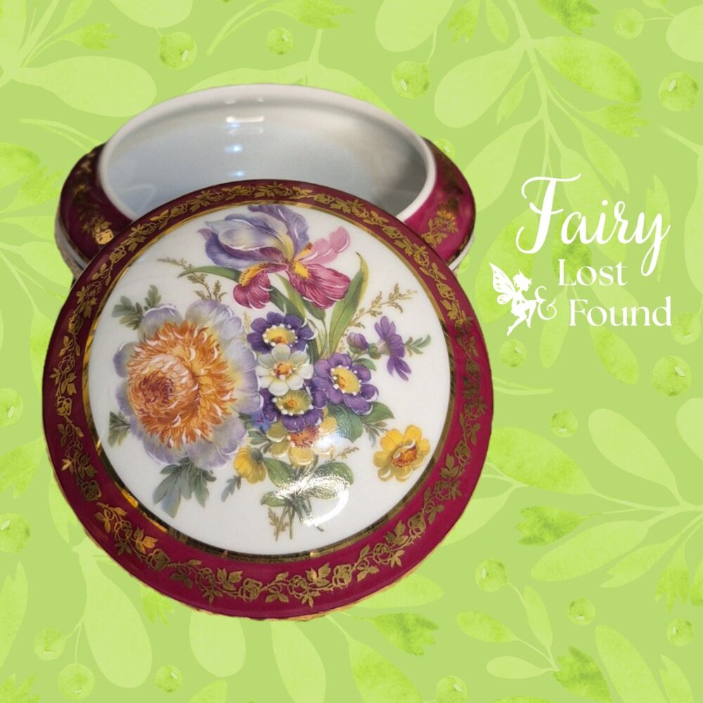 Vintage Limoges Porcelain Round Fushia Pink & Gold Trinket Box